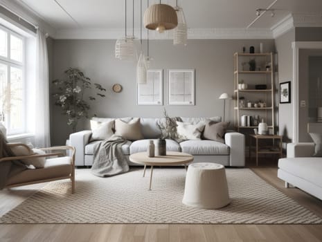 Stylish scandinavian living room with beautiful furniture and decor. Generative AI.