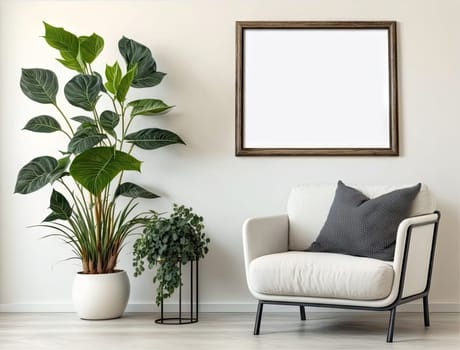 Cropped shot of cozy living room with mock up frame on white wall and plant pot. Generative AI