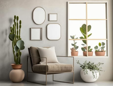 Cropped shot of cozy living room with mock up frame on white wall and plant pot. Generative AI