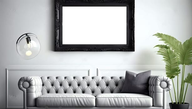 Vintage style living room with mock up frame on the wall above the sofa. Generative AI