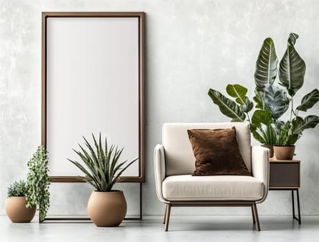 Cropped shot of cozy living room with mock up frame on white wall and plant pot. Generative AI