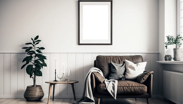 Stylish living room interior style with mock up frame above single sofa. Generative sofa.