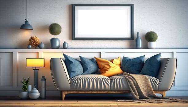 Modern stylish living room with grey sofa and mock up frame on the white wall. Generative AI