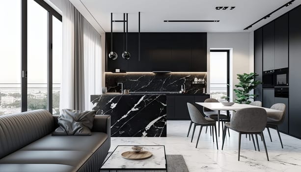 Modern black and white luxury living room with grey sofa and decoration. Generative AI