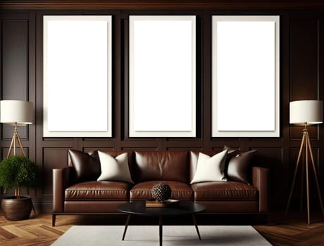 Classic living room with leather sofa and mock up frame. Generative AI