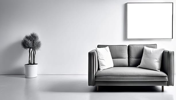 Modern interior living room with grey sofa and stylish decorations. Generative AI