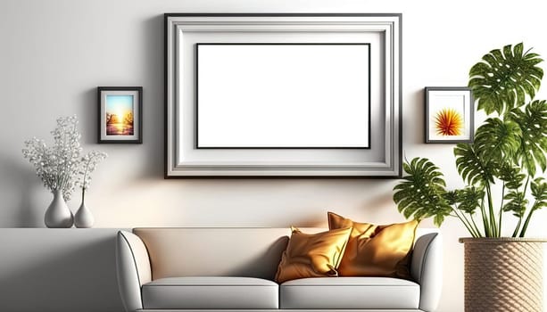 Modern stylish living room with grey sofa and mock up frame on the white wall. Generative AI
