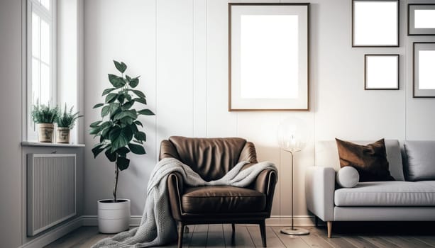 Stylish living room interior style with mock up frame above single sofa. Generative sofa.