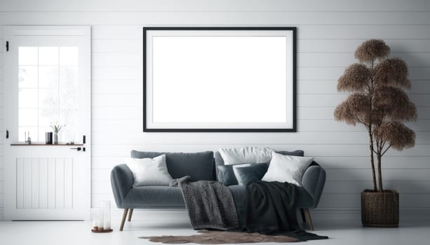 Scandinavian interior living room with mock up frame on the wall. Generative AI