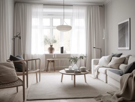 Scandinavian interior style livng room with sofa, coffee table and decoration. Generatvie AI.