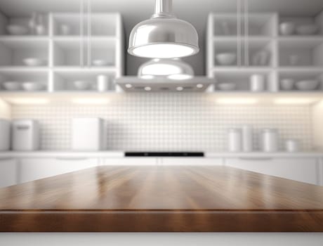 Empty wooden counter top with blurred kitchen background with copy space. Generative AI