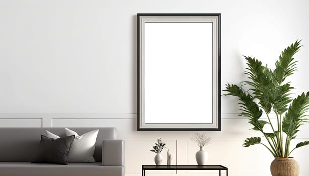 Modern furnished living room with mock up frame on the wall. Generative AI