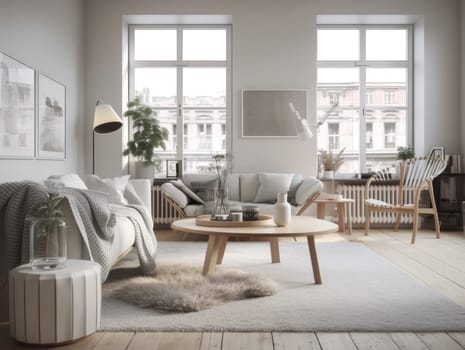 Scandinavian interior style livng room with sofa, coffee table and decoration. Generatvie AI.