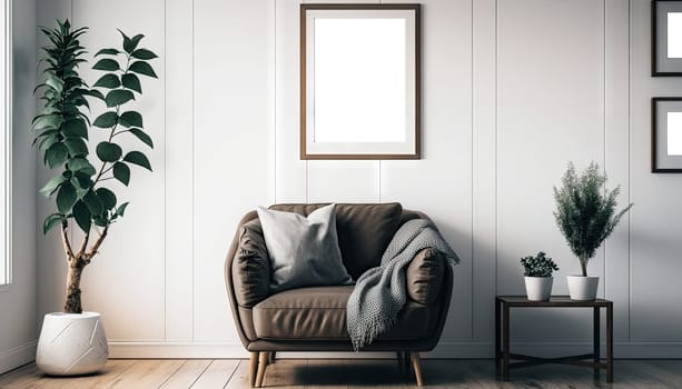 Stylish living room interior style with mock up frame above single sofa. Generative sofa.