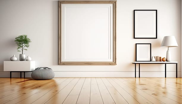 Mock up frame on white wall in minimal living room with wooden floor. Generative AI