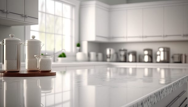 Empty white counter in the kitchen with blurred background. Generative background
