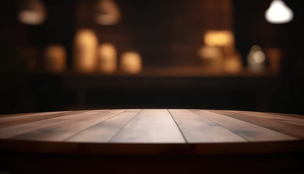 Dark rustic living room with empty table for product display. Generative AI.