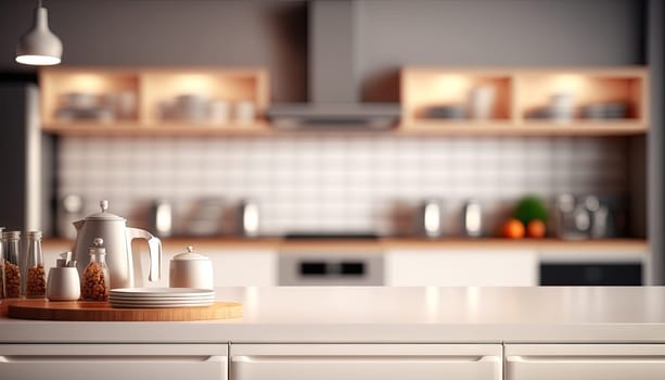 Empty white counter in the kitchen with blurred background. Generative background
