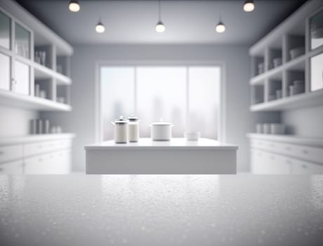 Empty white counter in the kitchen with blurred background. Generative background