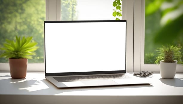 Close up view of laptop computer on white table with office supplies next to the window with green forest view. Generative AI