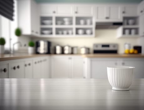 Empty white counter in the kitchen with blurred background. Generative background