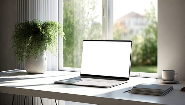 Close up view of laptop computer on white table with office supplies next to the window with green forest view. Generative AI