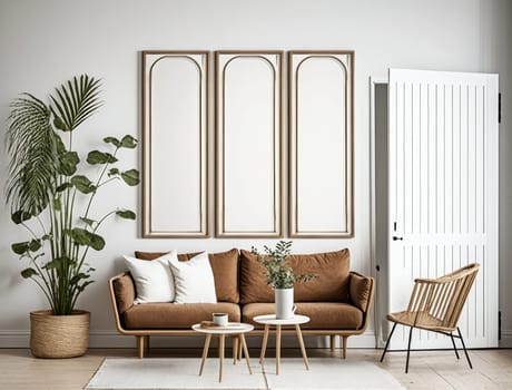 Scandinavian interior living room with sofa and mock up frame on the wall. Generative AI