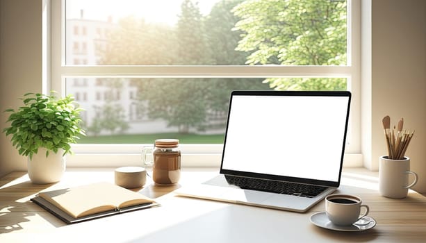 Close up view of laptop computer on white table with office supplies next to the window with green forest view. Generative AI