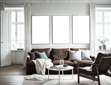 Scandinavian interior living room with sofa and mock up frame on the wall. Generative AI