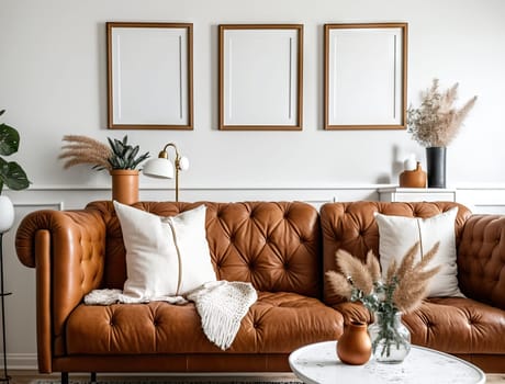 Classic living room with leather sofa and mock up frame. Generative AI