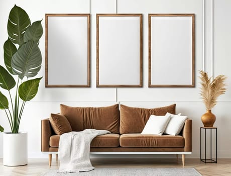 Scandinavian interior living room with sofa and mock up frame on the wall. Generative AI