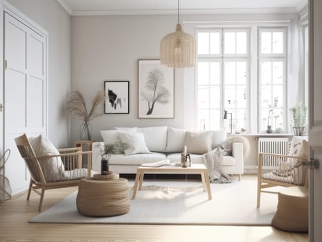 Comfy scandinavian interior living room design with furniture and decorations. Generative AI.