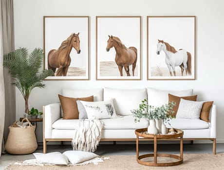 Scandinavian interior living room with sofa and mock up frame on the wall. Generative AI