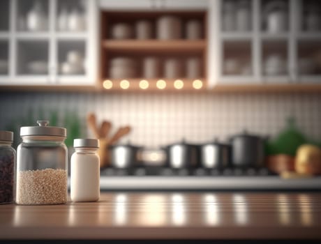 Empty wooden counter top with blurred kitchen background with copy space. Generative AI