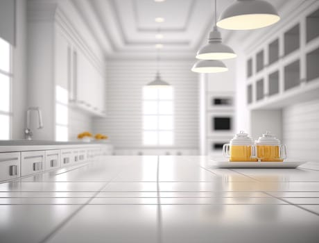 Empty white counter top with blurred kitchen background with copy space. Generative AI