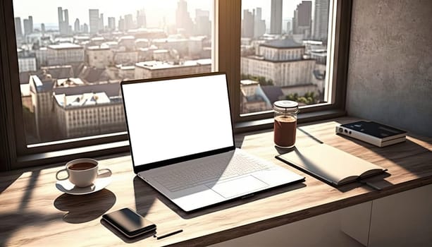 Mock up laptop computer in modern apartment room with city view in the background. Generative AI