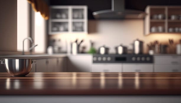 Empty wooden counter top with blurred kitchen background with copy space. Generative AI