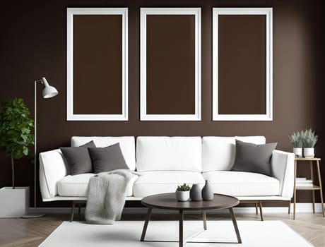 Stylish living room with mock up frame above the sofa and decoration. Generative AI