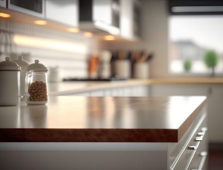 Empty wooden counter top with blurred kitchen background with copy space. Generative AI