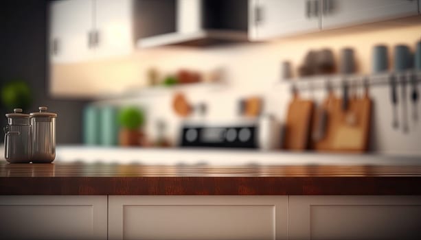 Empty wooden counter top with blurred kitchen background with copy space. Generative AI