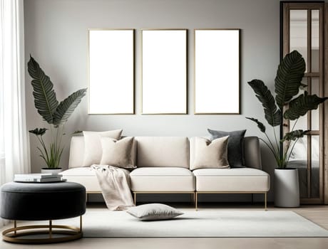 Modern style white living room with three mock up frames on the wall. Generative AI