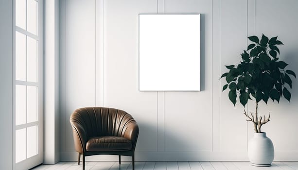 Stylish living room interior style with mock up frame above single sofa. Generative sofa.