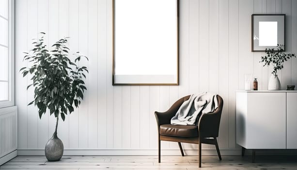 Stylish living room interior style with mock up frame above single sofa. Generative sofa.