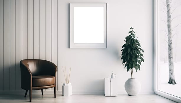 Mock up frame on white wall in stylish living room. Generative AI