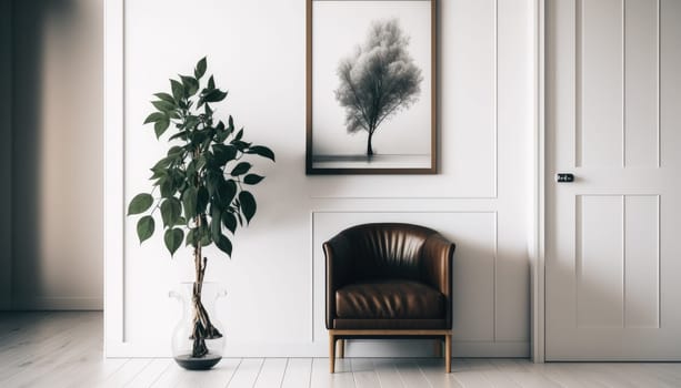 Stylish living room with single sofa and mock up frame. Generatvie AI.