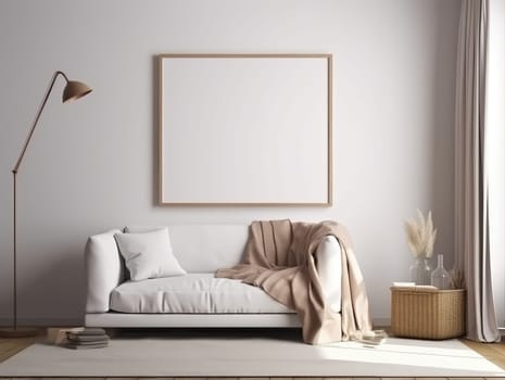 Minimal cozy living room with mock up frame. Generative AI.