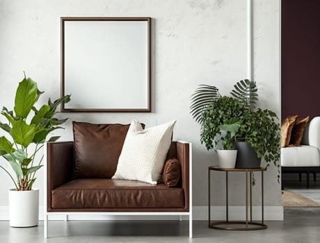 Cropped shot of modern living room with mock up frame on white wall and plant pot. Generative AI
