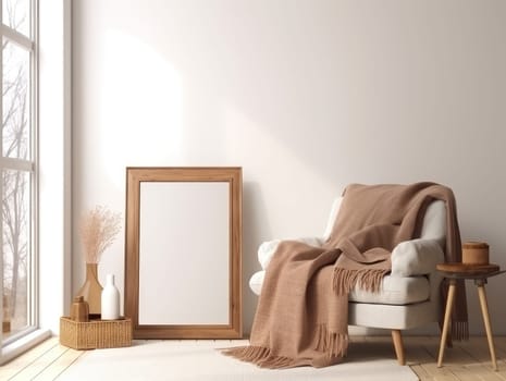 Minimal cozy living room with mock up frame. Generative AI.