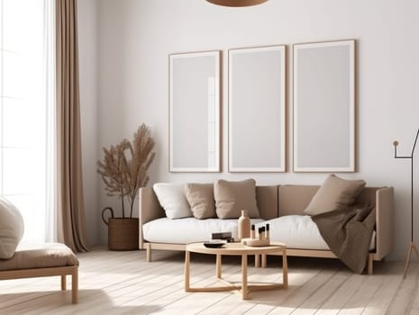 Minimal cozy living room with mock up frame. Generative AI.