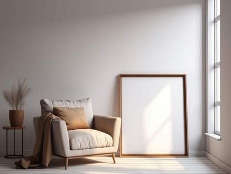 Minimal cozy living room with mock up frame. Generative AI.